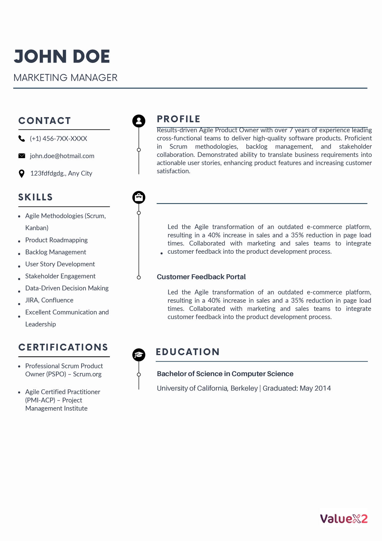 John Doe Agile Product Owner Resume